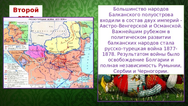 Второй этап Большинство народов Балканского полуострова входили в состав двух империй - Австро-Венгерской и Османской. Важнейшим рубежом в политическом развитии балканских народов стала русско-турецкая война 1877-1878. Результатом войны было освобождение Болгарии и полная независимость Румынии, Сербии и Черногории. 