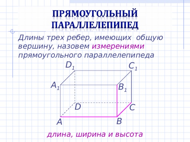Длины трех ребер, имеющих общую вершину, назовем измерениями прямоугольного параллелепипеда D 1 C 1 А 1 B 1 D С В А длина, ширина и высота 