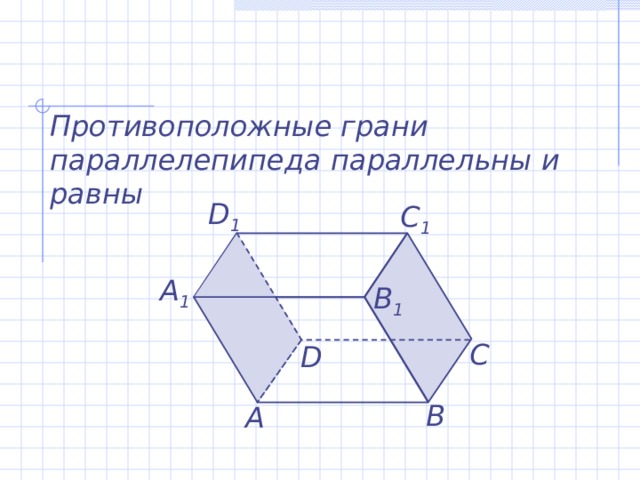 Противоположные грани параллелепипеда параллельны и равны D 1 C 1 А 1 B 1 С D В А 