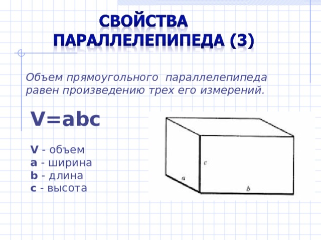 Объем прямоугольного параллелепипеда равен произведению трех его измерений. V=abc V  -  объем a  - ширина  b  - длина c  - высота 