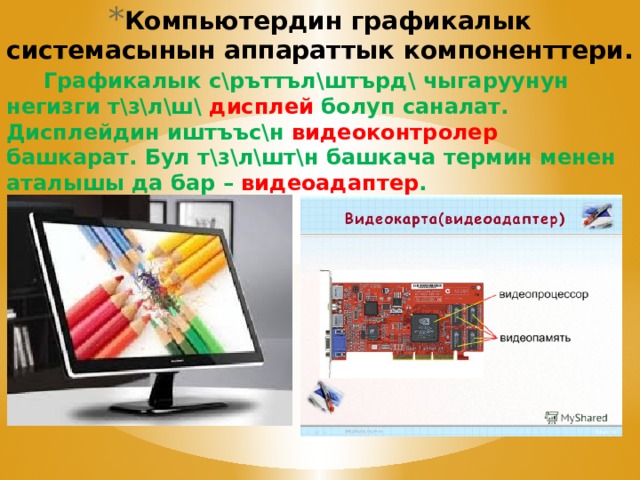 Компьютердин графикалык системасынын аппараттык компоненттери.  Графикалык с\ръттъл\штърд\ чыгаруунун негизги т\з\л\ш\ дисплей болуп саналат. Дисплейдин иштъъс\н видеоконтролер башкарат. Бул т\з\л\шт\н башкача термин менен аталышы да бар – видеоадаптер . 