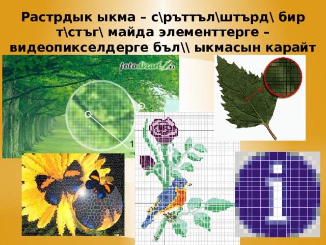 Растрдык ыкма – с\ръттъл\штърд\ бир т\стъг\ майда элементтерге – видеопикселдерге бъл\\ ыкмасын карайт 