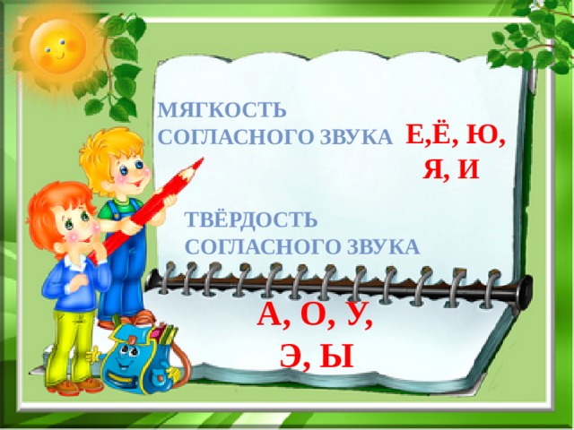 Мягкость согласного звука Е,Ё, Ю, Я, И Твёрдость согласного звука А, О, У, Э, Ы 