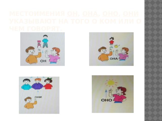 Местоимения он , она , оно , они указывают на того о ком или о чем говорят. 