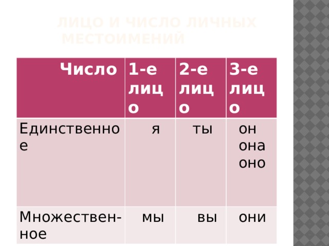 Лицо и число личных местоимений  Число 1-е лицо Единственное  я 2-е лицо Множествен-ное 3-е лицо  ты  мы  он  вы  она  они  оно 