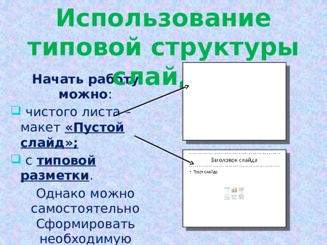 Использование типовой структуры слайда Начать работу можно :  чистого листа – макет «Пустой слайд»;  с типовой разметки . Однако можно самостоятельно Сформировать необходимую структуру слайда. 