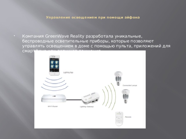   Управление освещением при помощи айфона    Компания GreenWave Reality разработала уникальные, беспроводные осветительные приборы, которые позволяют управлять освещением в доме с помощью пульта, приложений для смартфона или датчиков движения. 