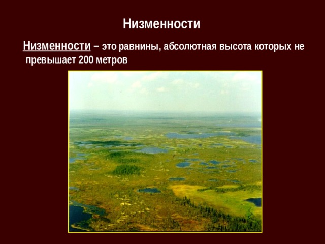 Низменности  Низменности – это равнины, абсолютная высота которых не превышает 200 метров 