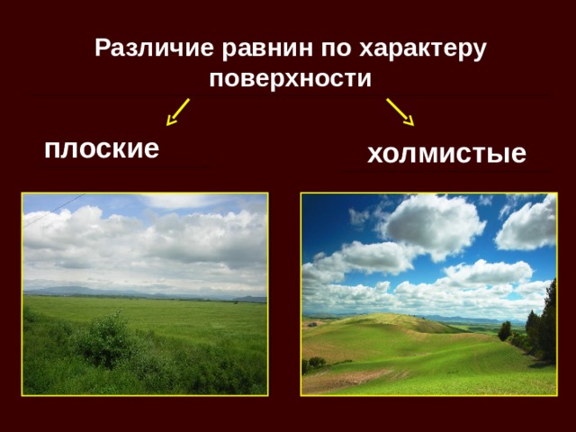 Различие равнин по характеру поверхности плоские холмистые 