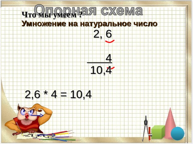 Что мы умеем ?  Умножение на натуральное число  2, 6   4  10,4   2,6 * 4 = 10,4 