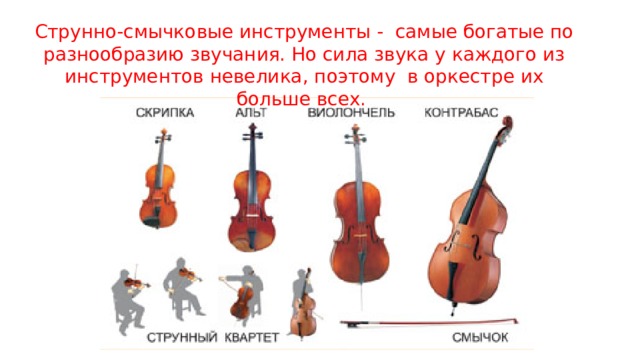 Струнно-смычковые инструменты - самые богатые по разнообразию звучания. Но сила звука у каждого из инструментов невелика, поэтому в оркестре их больше всех. 