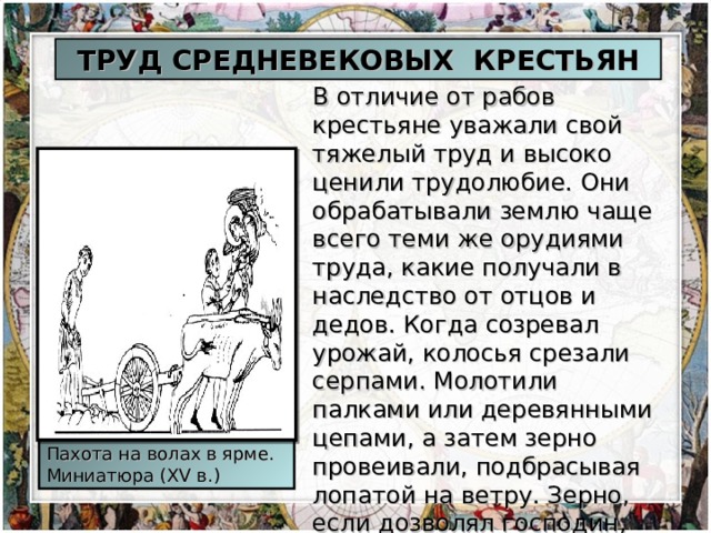 ТРУД СРЕДНЕВЕКОВЫХ КРЕСТЬЯН В отличие от рабов крестьяне уважали свой тяжелый труд и высоко ценили трудолюбие. Они обрабатывали землю чаще всего теми же орудиями труда, какие получали в наследство от отцов и дедов. Когда созревал урожай, колосья срезали серпами. Молотили палками или деревянными цепами, а затем зерно провеивали, подбрасывая лопатой на ветру. Зерно, если дозволял господин, обычно мололи на ручной мельнице, состоявшей из двух каменных жерновов. Пахота на волах в ярме. Миниатюра (XV в.) 