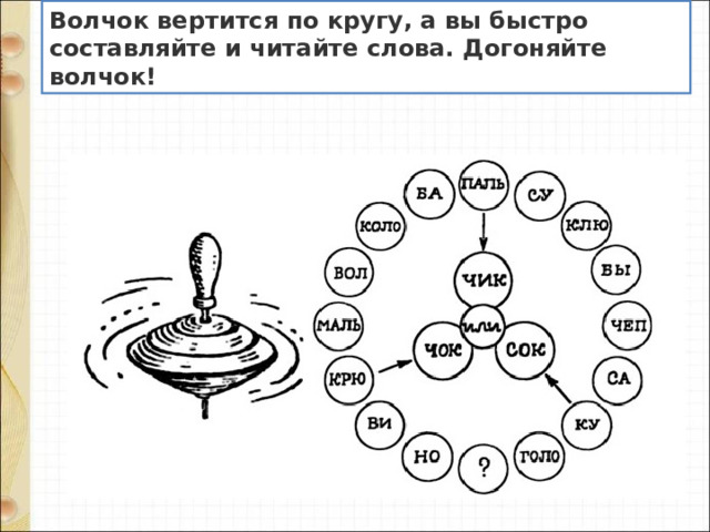 Волчок вертится по кругу, а вы быстро составляйте и читайте слова.  Догоняйте волчок! 