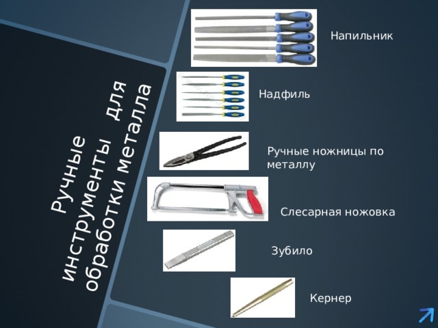 Ручные инструменты для обработки металла Напильник Надфиль Ручные ножницы по металлу Слесарная ножовка Зубило Кернер 