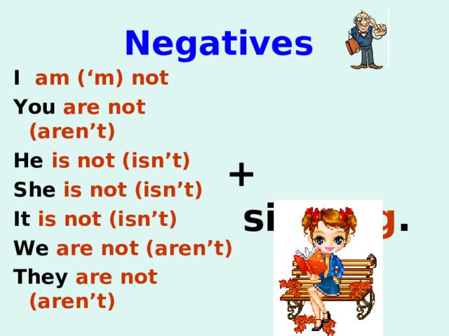Negatives I am ( ‘m) not You are not (aren’t) He is not (isn’t) She is not (isn’t) It is not (isn’t) We are not (aren’t) They are not (aren’t)  + sing ing . 