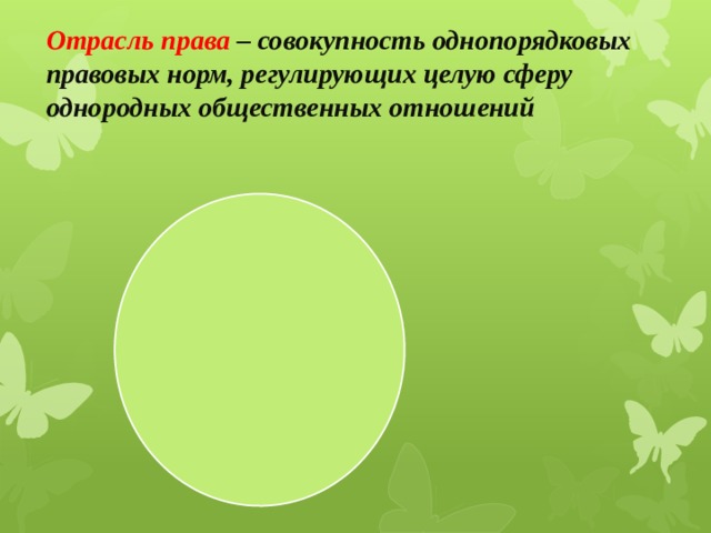 Отрасль права – совокупность однопорядковых правовых норм, регулирующих целую сферу однородных общественных отношений 