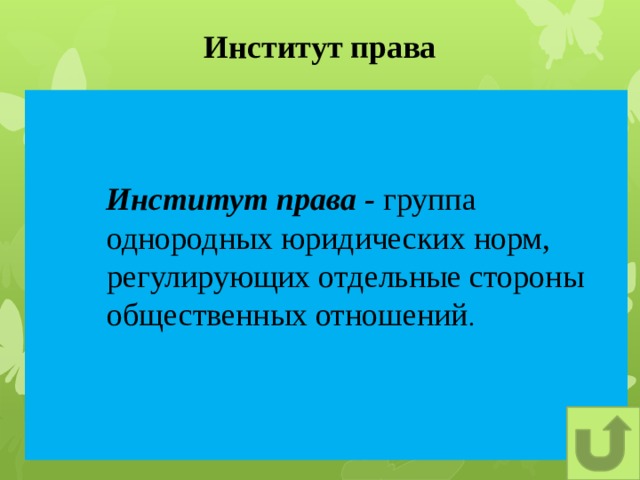 Институт права  Институт права - группа однородных юридических норм, регулирующих отдельные стороны общественных отношений . 