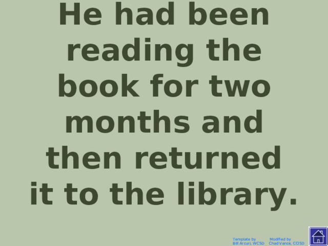 Он читал эту книгу два месяца, потом вернул ее в библиотеку. Template by Modified by Bill Arcuri, WCSD Chad Vance, CCISD 