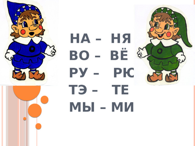  НА – НЯ  ВО – ВЁ  РУ – РЮ  ТЭ – ТЕ  МЫ – МИ  