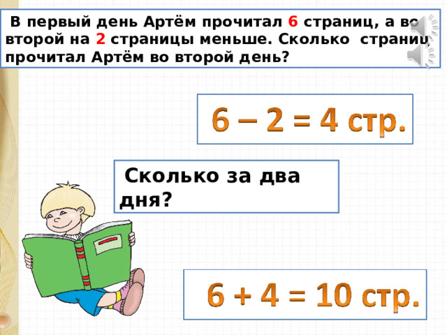  В первый день Артём прочитал 6 страниц, а во второй на 2 страницы меньше. Сколько страниц прочитал Артём во второй день?  Сколько за два дня? 