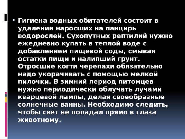 Гигиена водных обитателей состоит в удалении наросших на панцирь водорослей. Сухопутных рептилий нужно ежедневно купать в теплой воде с добавлением пищевой соды, смывая остатки пищи и налипший грунт. Отросшие когти черепахи обязательно надо укорачивать с помощью мелкой пилочки. В зимний период питомцев нужно периодически облучать лучами кварцевой лампы, делая своеобразные солнечные ванны. Необходимо следить, чтобы свет не попадал прямо в глаза животному. 