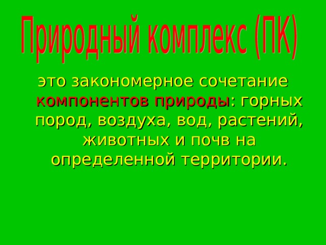 это закономерное сочетание компонентов природы : горных пород, воздуха, вод, растений, животных и почв на определенной территории. 