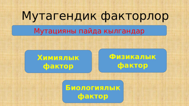 Мутагендик факторлор Мутацияны пайда кылгандар Физикалык фактор Химиялык фактор Биологиялык фактор 