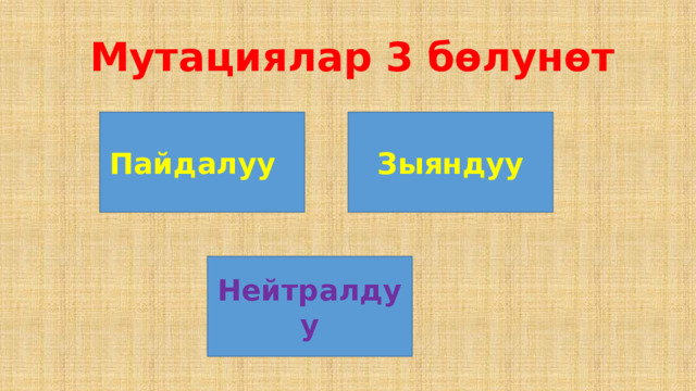 Мутациялар 3 бѳлунѳт Пайдалуу  Зыяндуу Нейтралдуу 