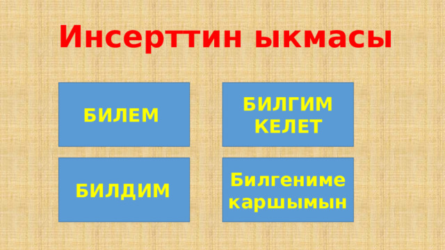  Инсерттин ыкмасы БИЛЕМ  БИЛГИМ КЕЛЕТ БИЛДИМ  Билгениме каршымын 