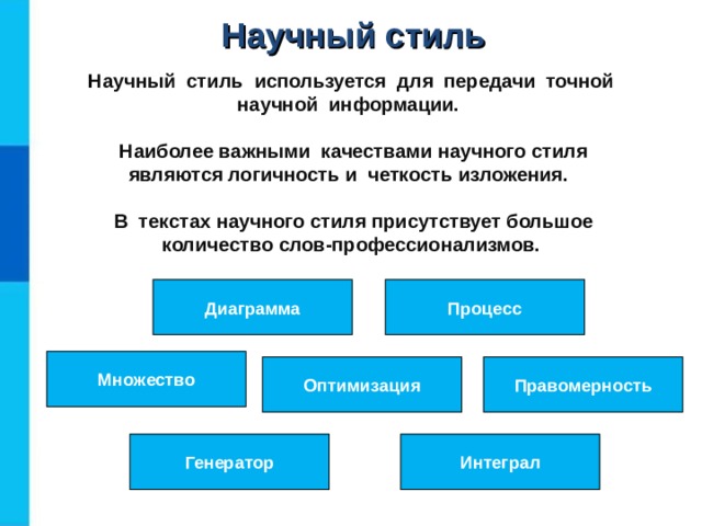 Научный стиль Научный стиль используется для передачи точной научной информации.  Наиболее важными качествами научного стиля являются логичность и четкость изложения.  В текстах научного стиля присутствует большое количество слов-профессионализмов.  Диаграмма Процесс Множество Оптимизация Правомерность Интеграл Генератор  