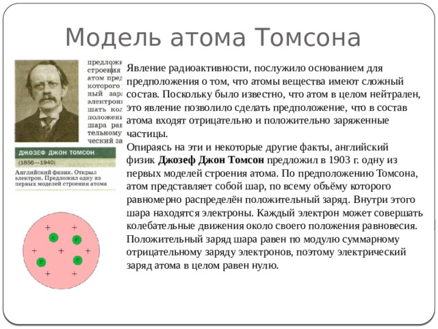 Модель атома Томсона Явление радиоактивности, послужило основанием для предположения о том, что атомы вещества имеют сложный состав. Поскольку было известно, что атом в целом нейтрален, это явление позволило сделать предположение, что в состав атома входят отрицательно и положительно заряженные частицы. Опираясь на эти и некоторые другие факты, английский физик  Джозеф Джон Томсон  предложил в 1903 г. одну из первых моделей строения атома. По предположению Томсона, атом представляет собой шар, по всему объёму которого равномерно распределён положительный заряд. Внутри этого шара находятся электроны. Каждый электрон может совершать колебательные движения около своего положения равновесия. Положительный заряд шара равен по модулю суммарному отрицательному заряду электронов, поэтому электрический заряд атома в целом равен нулю. 