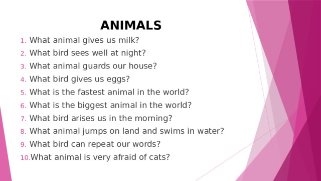 ANIMALS What animal gives us milk? What bird sees well at night? What animal guards our house? What bird gives us eggs? What is the fastest animal in the world? What is the biggest animal in the world? What bird arises us in the morning? What animal jumps on land and swims in water? What bird can repeat our words? What animal is very afraid of cats? 