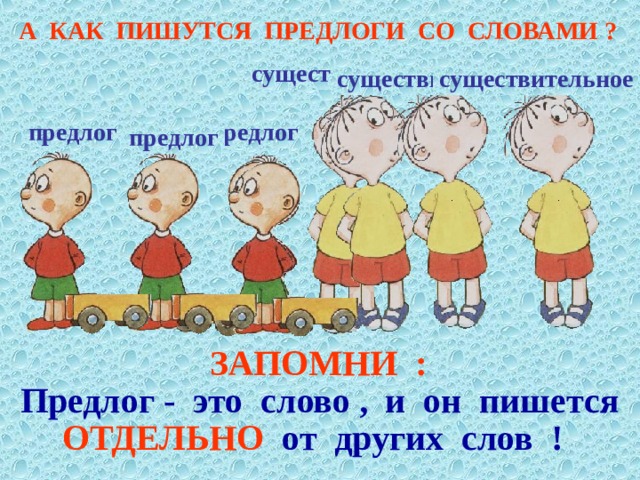 А КАК ПИШУТСЯ ПРЕДЛОГИ СО СЛОВАМИ ? существительное существительное существительное существительное предлог предлог предлог предлог ЗАПОМНИ :  ОТДЕЛЬНО  от других слов ! Предлог - это слово , и он пишется 