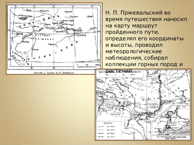 Н. П. Пржевальский во время путешествия наносил на карту маршрут пройденного пути, определял его координаты и высоты, проводил метеорологические наблюдения, собирал коллекции горных пород и растений. 