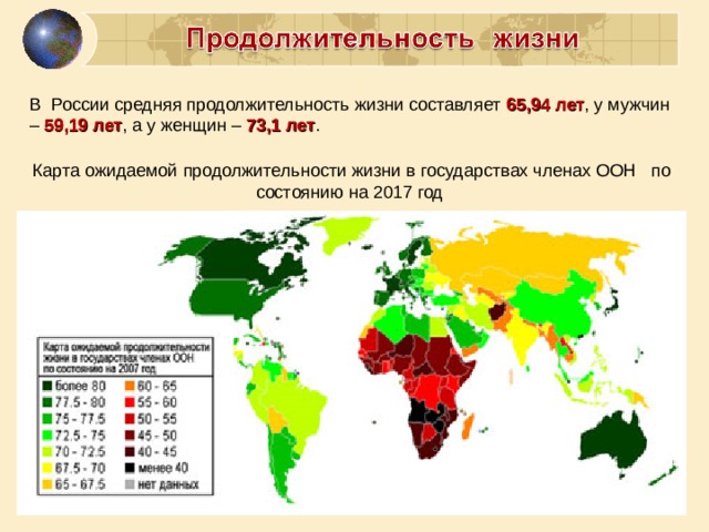 В России средняя продолжительность жизни составляет 65,94 лет , у мужчин – 59,19 лет , а у женщин – 73,1 лет . Карта ожидаемой продолжительности жизни в государствах членах ООН по состоянию на 2017 год 
