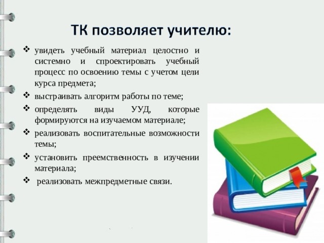 увидеть учебный материал целостно и системно и спроектировать учебный процесс по освоению темы с учетом цели курса предмета; выстраивать алгоритм работы по теме; определять виды УУД, которые формируются на изучаемом материале; реализовать воспитательные возможности темы; установить преемственность в изучении материала;  реализовать межпредметные связи. 