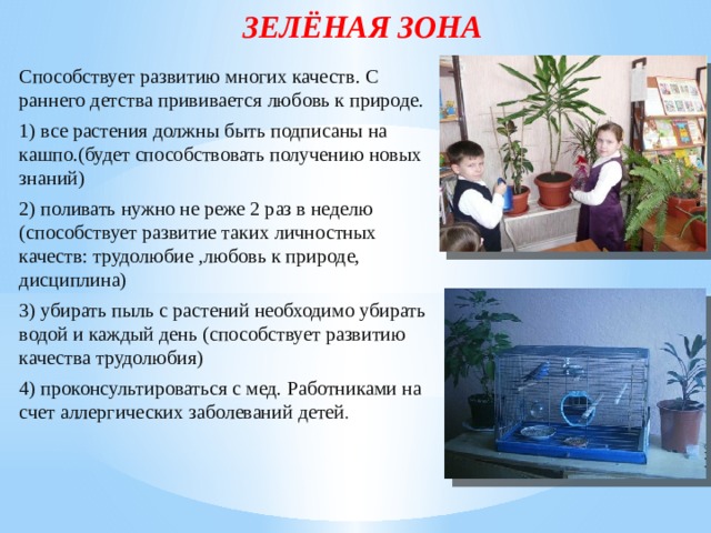 ЗЕЛЁНАЯ ЗОНА Способствует развитию многих качеств. С раннего детства прививается любовь к природе. 1) все растения должны быть подписаны на кашпо.(будет способствовать получению новых знаний) 2) поливать нужно не реже 2 раз в неделю (способствует развитие таких личностных качеств: трудолюбие ,любовь к природе, дисциплина) 3) убирать пыль с растений необходимо убирать водой и каждый день (способствует развитию качества трудолюбия) 4) проконсультироваться с мед. Работниками на счет аллергических заболеваний детей . 