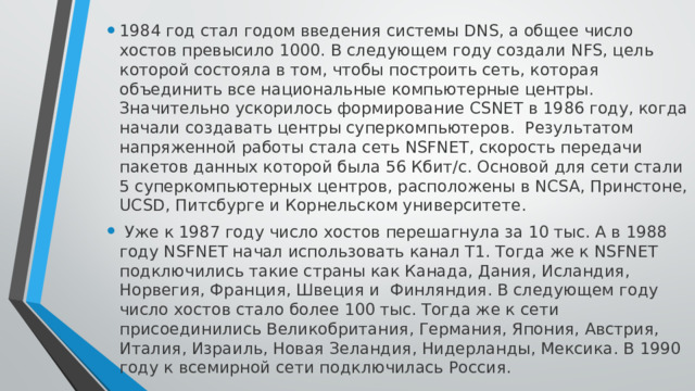 1984 год стал годом введения системы DNS, а общее число хостов превысило 1000. В следующем году создали NFS, цель которой состояла в том, чтобы построить сеть, которая объединить все национальные компьютерные центры. Значительно ускорилось формирование CSNET в 1986 году, когда начали создавать центры суперкомпьютеров.  Результатом напряженной работы стала сеть NSFNET, скорость передачи пакетов данных которой была 56 Кбит/с. Основой для сети стали 5 суперкомпьютерных центров, расположены в NCSA, Принстоне, UCSD, Питсбурге и Корнельском университете.  Уже к 1987 году число хостов перешагнула за 10 тыс. А в 1988 году NSFNET начал использовать канал T1. Тогда же к NSFNET подключились такие страны как Канада, Дания, Исландия, Норвегия, Франция, Швеция и  Финляндия. В следующем году число хостов стало более 100 тыс. Тогда же к сети присоединились Великобритания, Германия, Япония, Австрия, Италия, Израиль, Новая Зеландия, Нидерланды, Мексика. В 1990 году к всемирной сети подключилась Россия. 