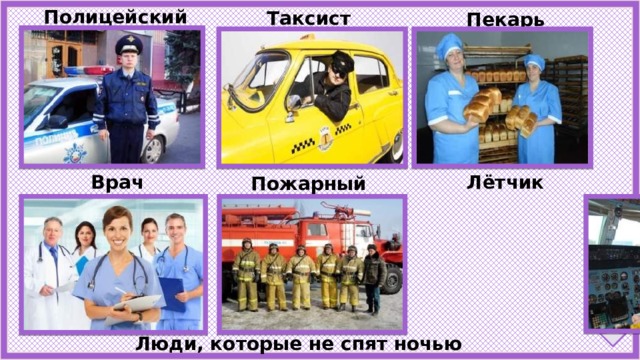 Полицейский Таксист Пекарь Врач Лётчик Пожарный Люди, которые не спят ночью 