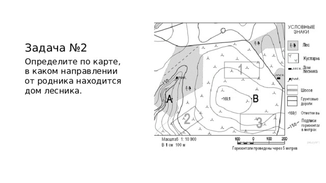 Определите по плану в каком направлении от родника расположен сад