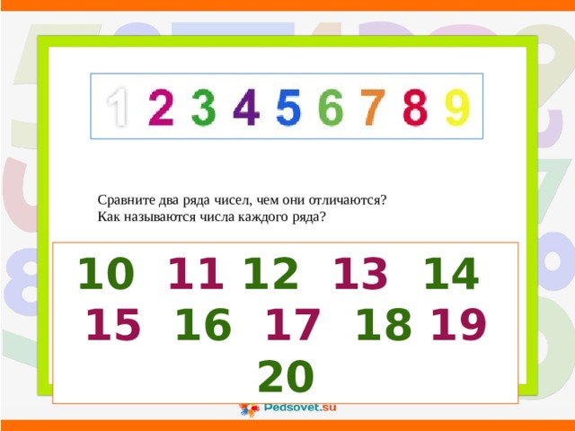 Сравните два ряда чисел, чем они отличаются? Как называются числа каждого ряда? 10 11 12 13 14 15 16 17 18 19 20 