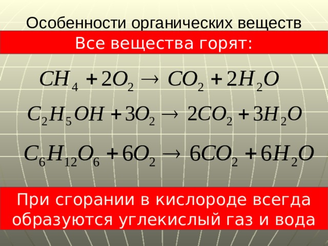 Особенности органических веществ Все вещества горят: При сгорании в кислороде всегда образуются углекислый газ и вода 