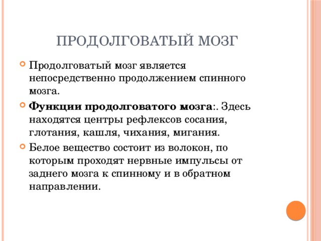 Продолговатый мозг Продолговатый мозг является непосредственно продолжением спинного мозга. Функции продолговатого мозга :. Здесь находятся центры рефлексов сосания, глотания, кашля, чихания, мигания. Белое вещество состоит из волокон, по которым проходят нервные импульсы от заднего мозга к спинному и в обратном направлении. 