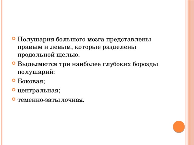 Полушария большого мозга представлены правым и левым, которые разделены продольной щелью. Выделяются три наиболее глубоких борозды полушарий: Боковая; центральная; теменно-затылочная. 