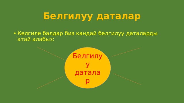 Белгилуу даталар Келгиле балдар биз кандай белгилуу даталарды атай алабыз: Белгилуу даталар 