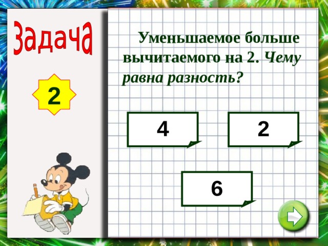  Уменьшаемое больше вычитаемого на 2. Чему равна разность? 2 4 2 6 