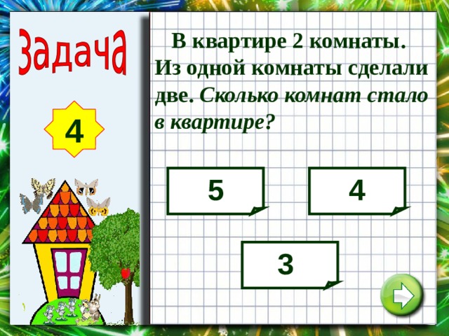  В квартире 2 комнаты. Из одной комнаты сделали две. Сколько комнат стало в квартире? 4 5 4 3 