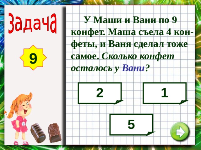  У Маши и Вани по 9 конфет. Маша съела 4 кон-феты, и Ваня сделал тоже самое. Сколько конфет осталось у Вани ? 9 2 1 5 