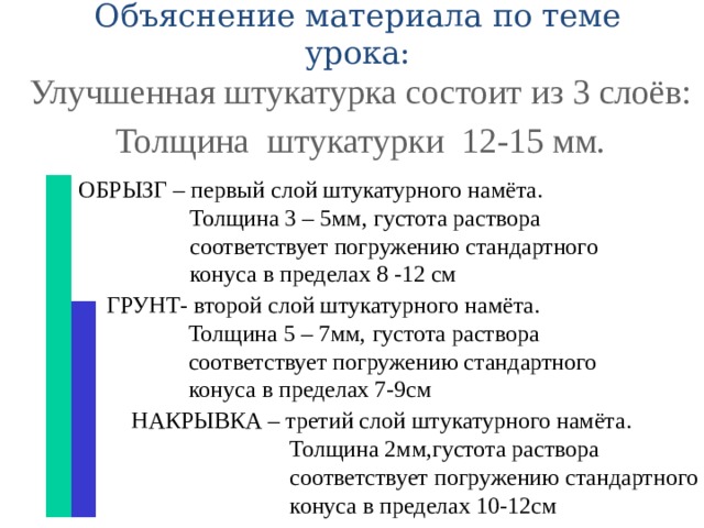 Объяснение материала по теме урока: Улучшенная штукатурка состоит из 3 слоёв: Толщина штукатурки 12-15 мм. ОБРЫЗГ – первый слой штукатурного намёта.  Толщина 3 – 5мм, густота раствора  соответствует погружению стандартного  конуса в пределах 8 -12 см ГРУНТ- второй слой штукатурного намёта.  Толщина 5 – 7мм, густота раствора  соответствует погружению стандартного  конуса в пределах 7-9см НАКРЫВКА – третий слой штукатурного намёта.  Толщина 2мм,густота раствора  соответствует погружению стандартного  конуса в пределах 10-12см 