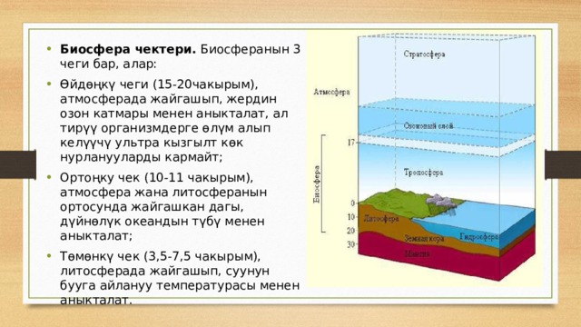 Биосфера чектери.  Биосферанын 3 чеги бар, алар: Өйдөңкү чеги (15-20чакырым), атмосферада жайгашып, жердин озон катмары менен аныкталат, ал тирүү организмдерге өлүм алып келүүчү ультра кызгылт көк нурланууларды кармайт; Ортоңку чек (10-11 чакырым), атмосфера жана литосферанын ортосунда жайгашкан дагы, дүйнөлүк океандын түбү менен аныкталат; Төмөнкү чек (3,5-7,5 чакырым), литосферада жайгашып, суунун бууга айлануу температурасы менен аныкталат. 